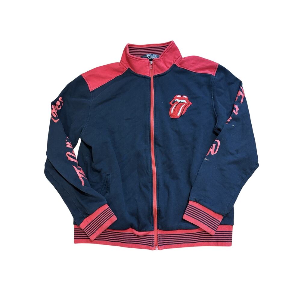 Vtg Rolling Stones Band Tour Jacket Tongue Logo Spellout Sleeve Full Zip Black L
